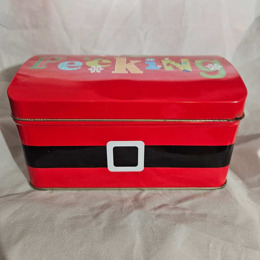 Christmas Tin Box Red Santa Belt No Peeking Storage Container Holiday Decor